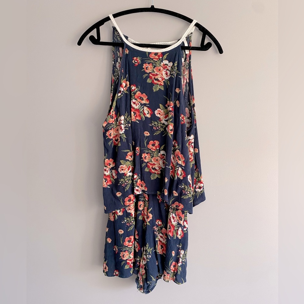Sage Brand - Navy, Floral Romper with open back - Size LG